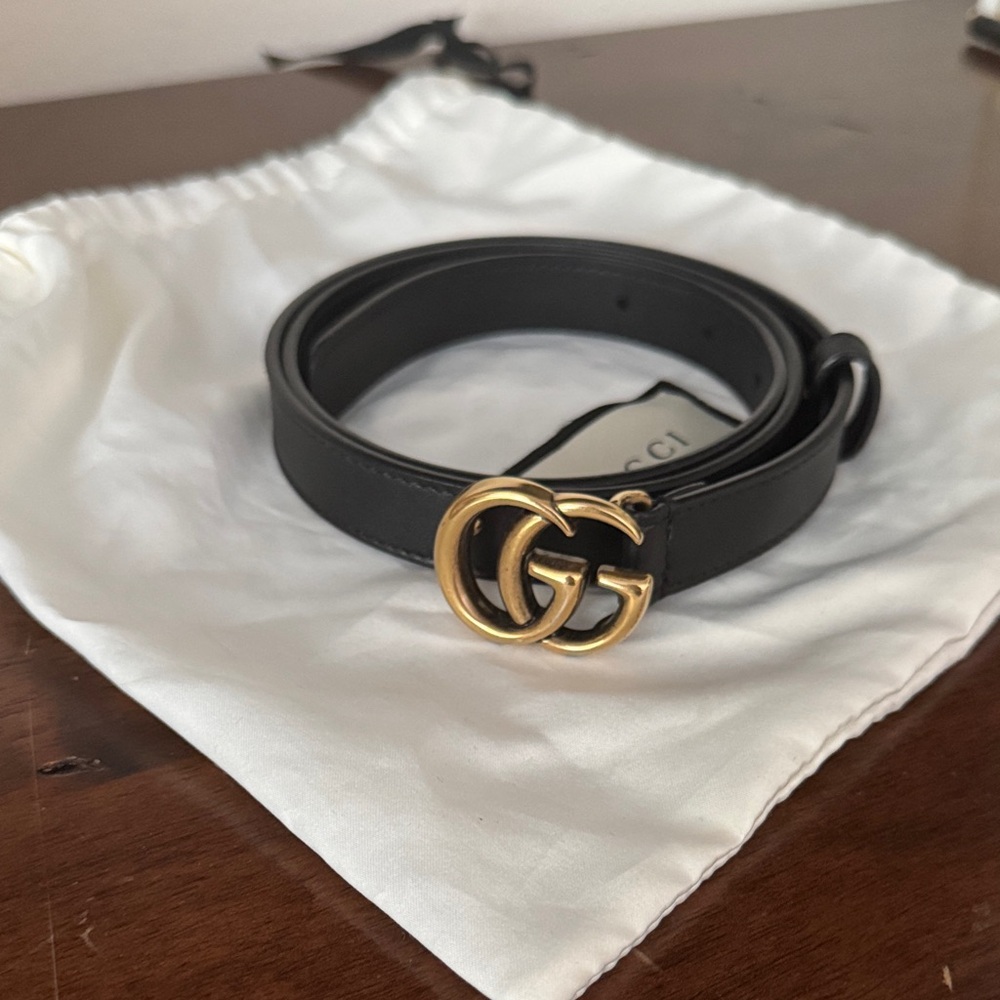 Gucci marmont thin Black Belt with Gold GG Buckle